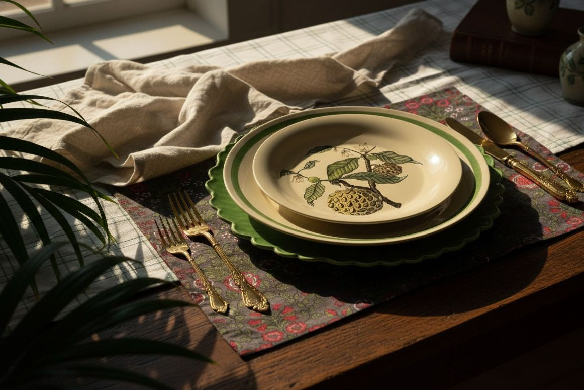Set of plates with decorative design on a table with placemats and cutlery