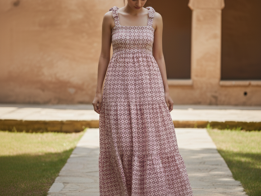 Woman wearing a long patterned dress standing on a stone path with a building in the background