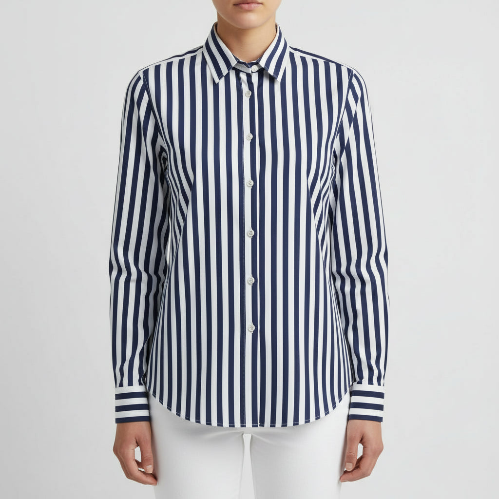 Navy and white striped shirt on a white background