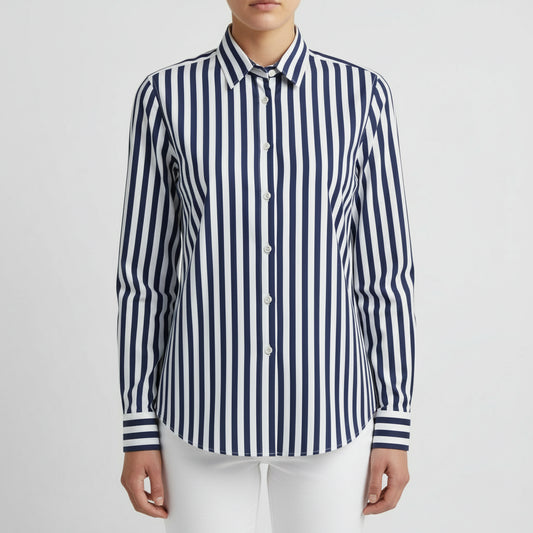 Navy and white striped shirt on a white background