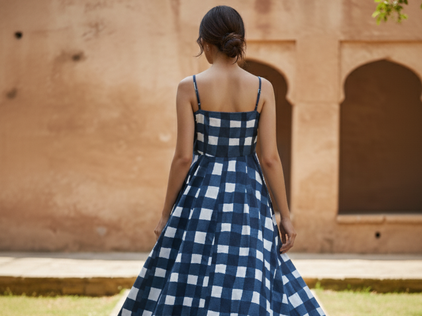 Woman in a blue checkered dress standing in front of a beige wall with arched windows.